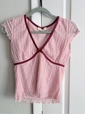 The Limited Pink Lace Cap-Sleeve Top with Wine Trim